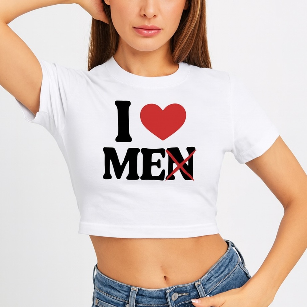 I ❤️ ME(N) Cropped Graphic Crop Tee | White Valentine Statement Shirt | XL